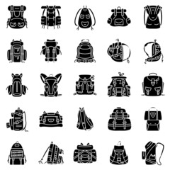 A backpack, a hiking bag, a bag for a schoolboy and a student. Backpack of a tourist, traveler, athlete. Set of vector icons, glyph, silhouette, isolated