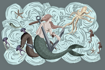 Under the sea fantasy vintage cartoon scene with a mermaid