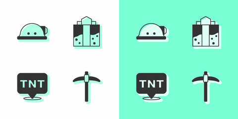 Set Pickaxe, Miner helmet, Dynamite and entrance icon. Vector