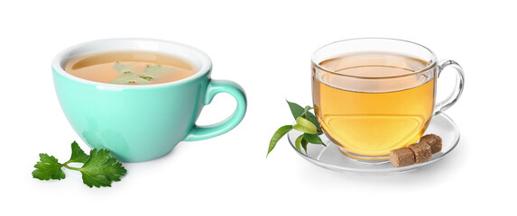 Cup of hot tea with parsley on white background