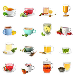 Assortment of healthy tea on white background