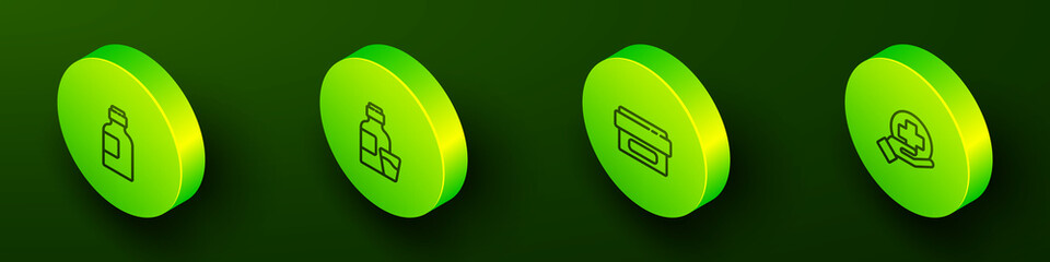 Set Isometric line Bottle of medicine syrup, , Ointment cream tube and Cross hospital medical icon. Vector