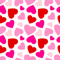 Scattered bright pink and red hearts on a white background. Valentine's Day, love, romance. Seamless pattern, vector illustration