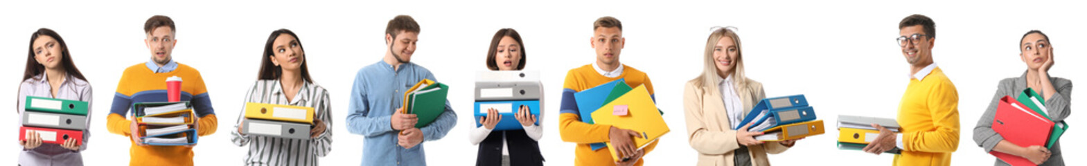 Group of people with folders on white background