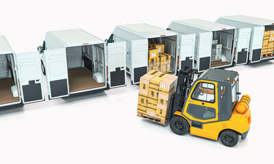 forklift loads packages onto white transport vans.