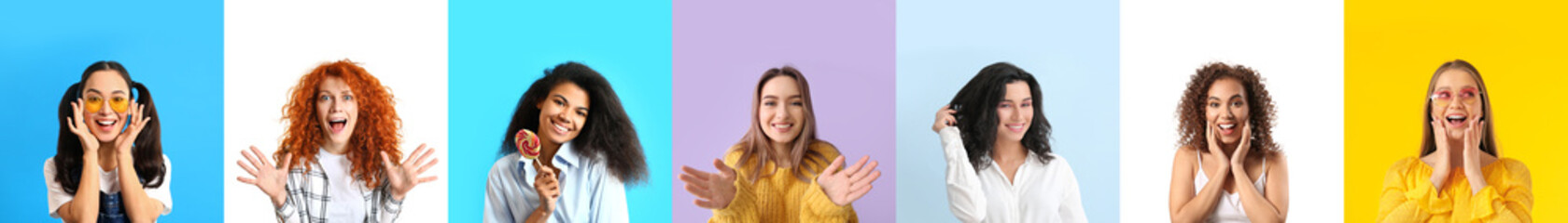 Different happy young women on color background with space for text