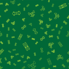 Set line Longboard or skateboard, Ski and sticks and ATV motorcycle on seamless pattern. Vector