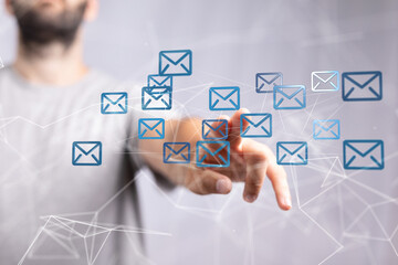 touching 3D rendering flying email icon with his fin