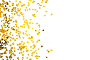 Golden confetti in the form of stars isolated on white background. Festive day backdrop. Flat lay style with minimalistic design. Template for banner or party invitation
