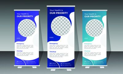 Attractive Modern Roll-Up Banner Design Template for Medical and Healthcare with three different gradient colors. Vertical, roll-up template, banner stand, or flag design