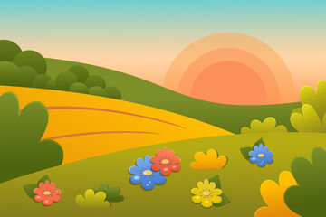 Fototapeta na wymiar Spring background. Green meadow, flowers, foliage, trees, sky, cloud, grass. Nature landscape template. Summer spring design for banner, Poster, card. Vector cartoon style