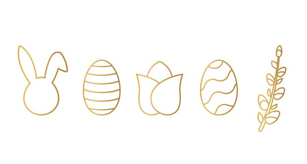 golden easter elements: bunny, egg, tulip and willow twig- vector illustration