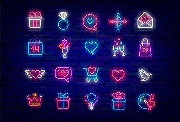 Happy Valentines day neon icon collection. Shopping cart and bag. Wedding and love concept. Vector stock illustration © Anastasia Gapeeva
