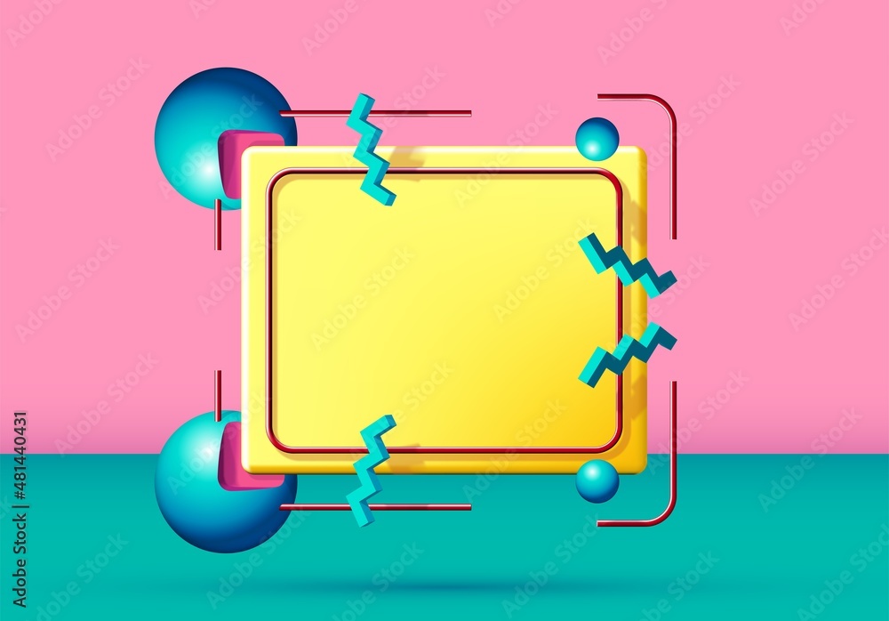 Poster Abstract 90s styled frame with flying 3d objects and shapes. Pink and green background.