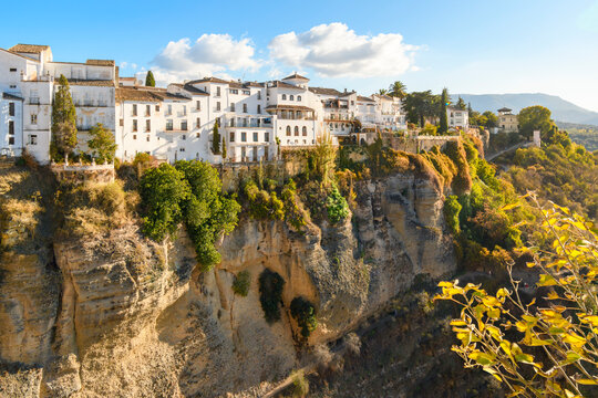 View of the medieval hillside town from one of the cono balconies overlooking the gorge and canyon near the bridge in Ronda, Spain