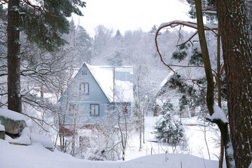 Little blue house in a snowy forest in winter