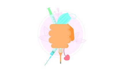 Abstract Flat Hand Holding Mask, Syringe And Thermometer Cartoon Concept Illustration Vector Design Style Coronavirus COVID-19 Mass Vaccination Healthcare Epidemic