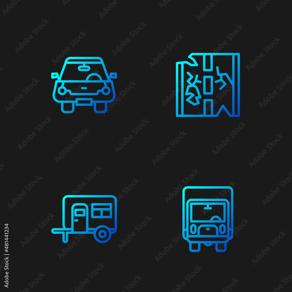 Sticker Set line Delivery cargo truck, Rv Camping trailer, Car and Broken road. Gradient color icons. Vector