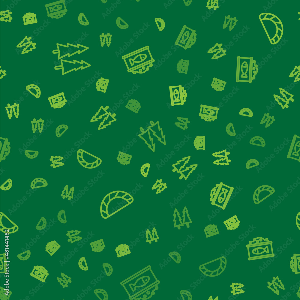 Poster set line christmas tree, dumpling and tin can with caviar on seamless pattern. vector