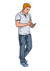 Young Man with cell phone texting and walking outdoor Illustration in Full Color - 481441401