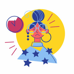 Cute minimalist girl gets angry and looks at her watch.
Colorful flat design style illustration.