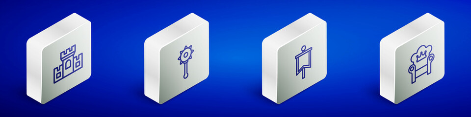 Set Isometric line Castle, fortress, Medieval chained mace ball, flag and throne icon. Vector