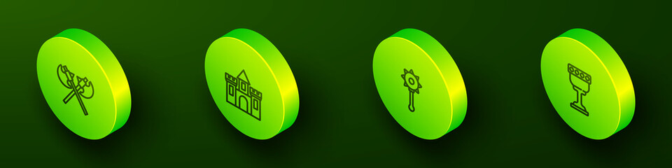 Set Isometric line Crossed medieval axes, Castle, fortress, Medieval chained mace ball and goblet icon. Vector
