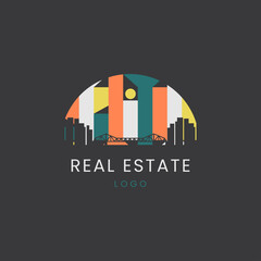 real estate logos. city ​​building apartment design with connecting bridge geometric abstract interior illustration