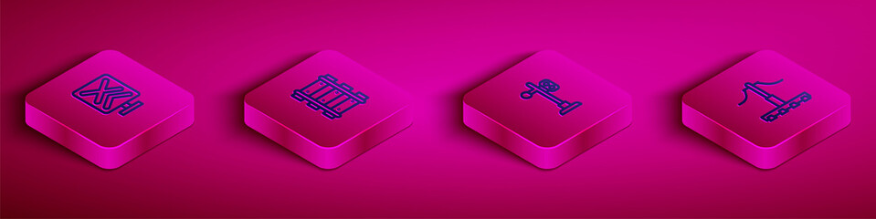 Set Isometric line Railroad crossing, Railway, railroad track, Train traffic light and icon. Vector