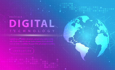 Digital technology banner pink blue background concept with technology line light effects, abstract tech, illustration vector for graphic design