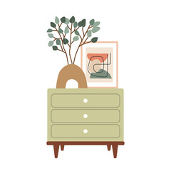 Illustration of modern living room. Comode with painting and vase with eucalyptus. Interior with classical furniture. Flat design, minimalist style. Illustrator Vector.