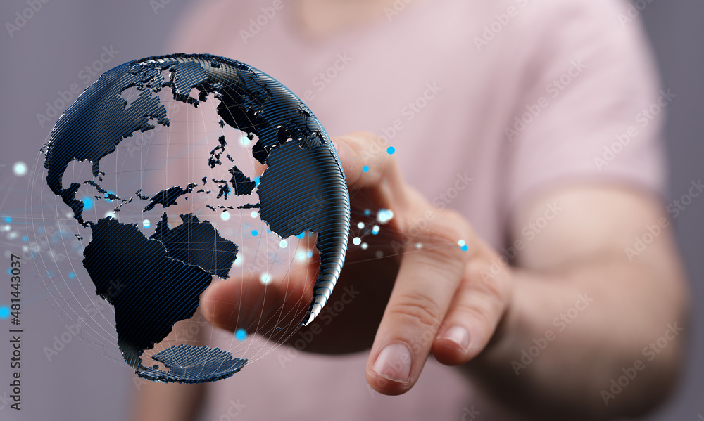 Poster Digital hologram of the Earth with satellites on orbit. Digital globe with statistics data global