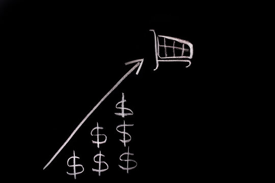 Photograph of a white chalk drawing of an arrow climbing a ladder of dollar symbols to end up in a shopping cart. Concept price rise