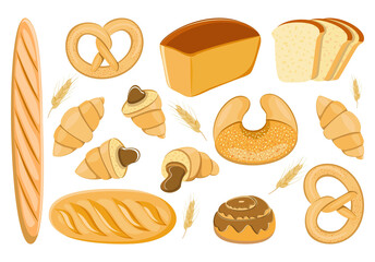 Set of bakery products. Buns, croissant, loaf, baguette, bread, pretzel.