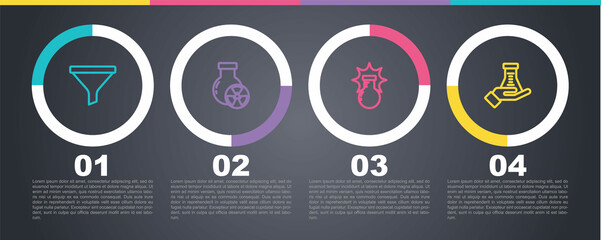 Set line Funnel or filter, Test tube radiation, Chemical explosion and and flask. Business infographic template. Vector