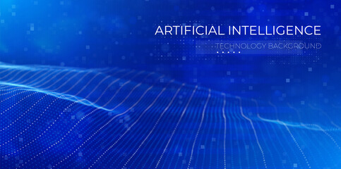 Abstract blue particle background. Flow wave with dot landscape. Digital data structure. Future mesh or sound grid. Pattern point visualization.