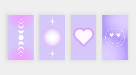 Purple social media backgrounds for stories with blur effect and hearts