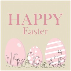 Easter card with three pink eggs and the inscription: Happy Easter.