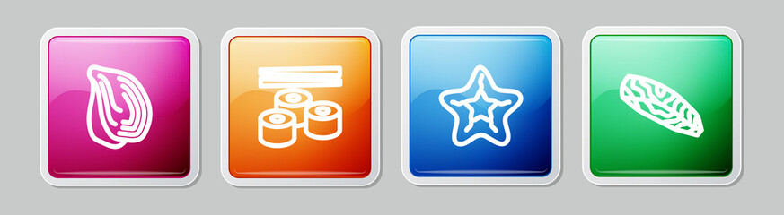 Set line Mussel, Sushi, Starfish and Fish steak. Colorful square button. Vector