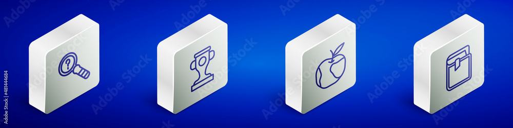 Sticker Set Isometric line Unknown search, Award cup, Apple and Book icon. Vector