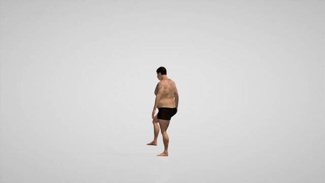 Fat man morphing into muscular fit, camera rotating seamless loop, white studio