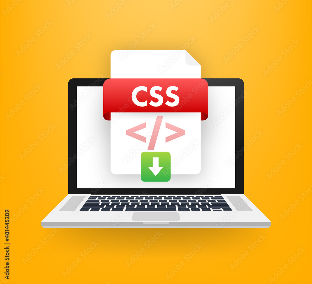 Poster download css button on laptop screen. downloading document concept. file with css label and down arr