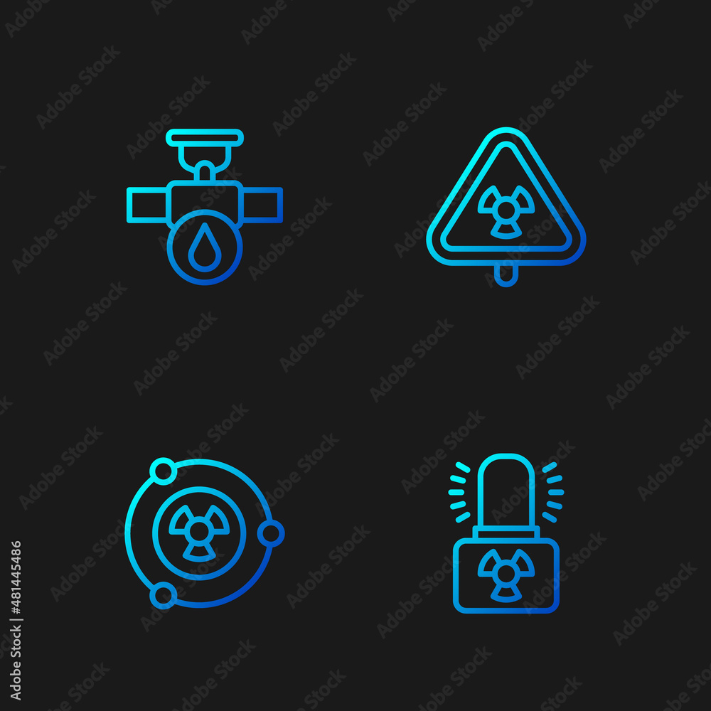 Sticker set line radioactive warning lamp, , industry pipe and valve and triangle with radiation. gradient c