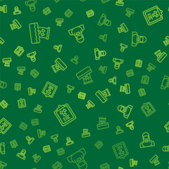 Set line Radioactive waste in barrel, Radiation warning document and Nuclear reactor worker on seamless pattern. Vector