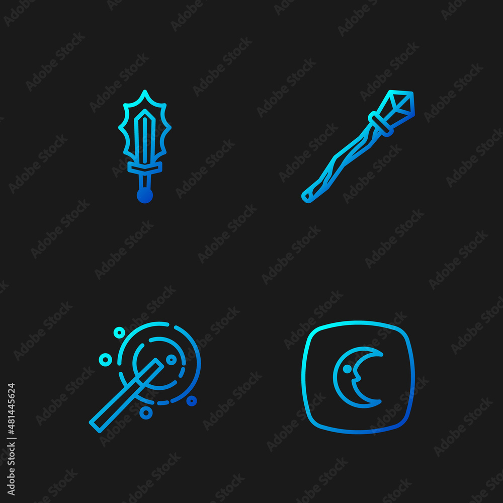 Sticker set line moon and stars, magic wand, sword in fire and staff. gradient color icons. vector