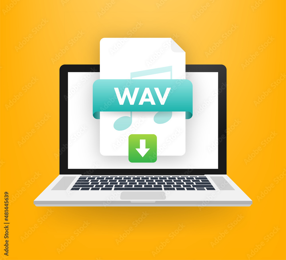 Poster Download WAV button on laptop screen. Downloading document concept. File with WAV label and down arrow sign.