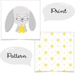 Template blank - print and seamless pattern with stars and a bunny for a children's room, textiles, a set of clothes, pajamas. A cute rabbit with glasses holds a star in his hand.