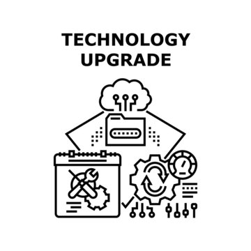 Technology upgrade software concept. computer system. maintenance arrow. internet data web vector concept black illustration