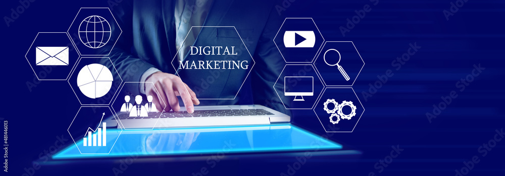 Poster manager working in computer. concept of digital marketing