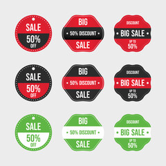 Obraz premium Sale 50% off badge with green, black, and red color. Big sale badge set. Green, black, and red sales badge. Special discount coupon vector. Sale badge set. Discount tag collection.